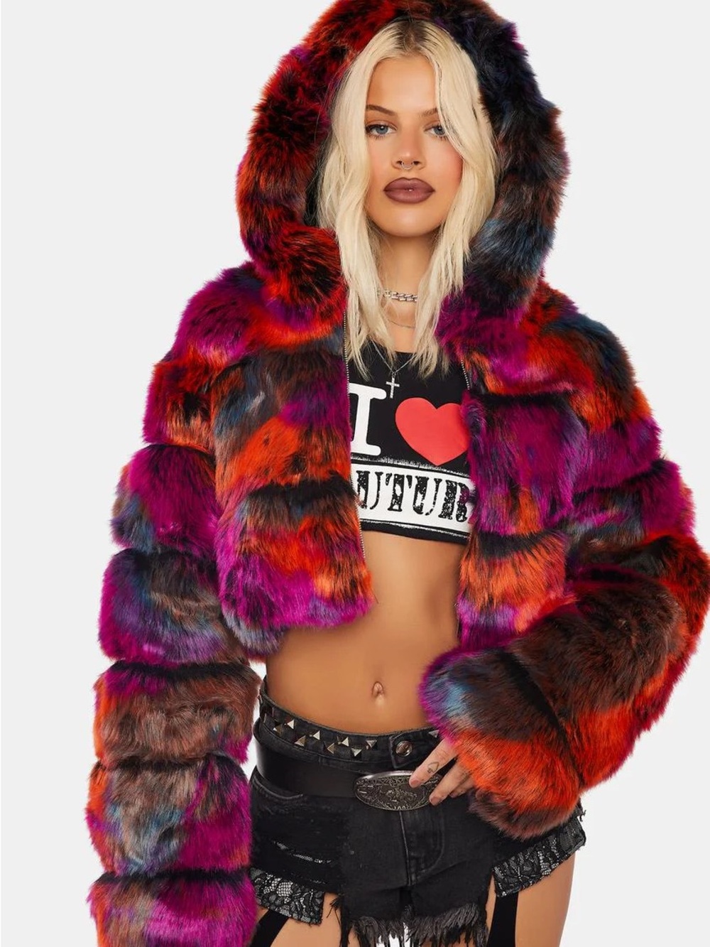 Multicolored Faux Fur Hood Trim Jacket and Ear Muffs